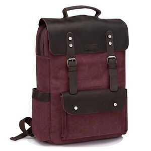 VASCHY Vintage Man Women Leather Canvas Explorer  Laptop Backpack Burgundy